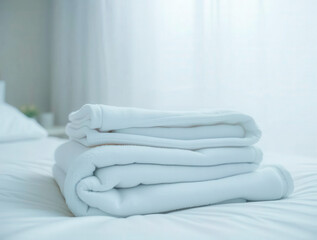 A neatly folded stack of white sheets on a bed with a blurred background bedding white sheets folded