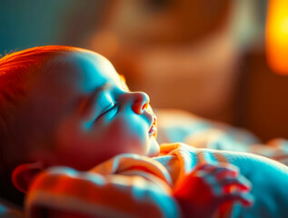 A serene baby lies peacefully on their back in a warmly lit room with a soft focus background and ca