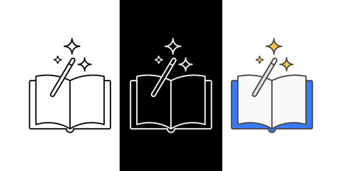 Book and magic wand icon in outline, color, and dark mode styles, perfect for fantasy, magic spells, or storytelling-themed designs.