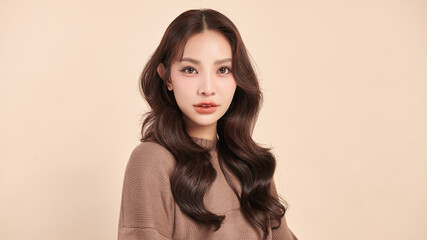 Naklejka premium A beautiful young Asian woman with clean, fresh skin against a beige background. Skincare, facial treatment, cosmetology, beauty, and spa. An elegant portrait of an Asian woman.