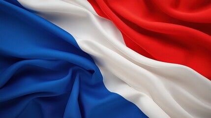 Close-up of the French flag with realistic red, white, and blue fabric folds representing France's national colors