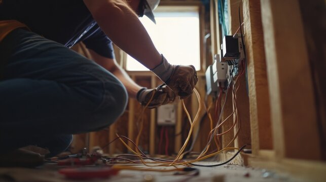 Electrician installing outlets in a new home. Featuring expertise and safety