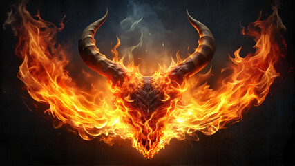 Fototapeta premium Flaming horned skull in fiery symmetrical shape