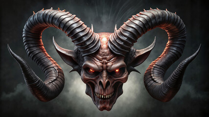 Obraz premium Demon with curved horns and sinister expression on dark background