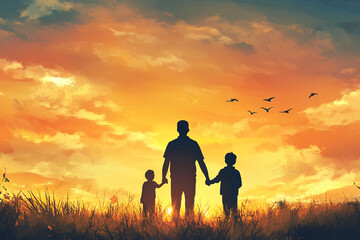 Fototapeta premium A father and his two sons silhouetted against a breathtaking sunset holding hands symbolizing love family and the enduring bond of parenthood Warm golden tones paint the sky