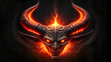Demon face with glowing eyes and horns in fire