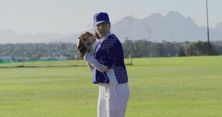 Baseball player pitching on field, overlaying animated sports analytics chart with speed metrics - Powered by Adobe