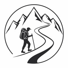 Hiker Silhouette Climbing Mountain Trail Vector Illustration In Simple Black And White