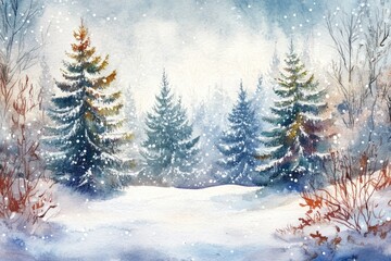 Fototapeta premium Evergreen trees covered in snow stand quietly in a winter forest as delicate snowflakes fall, enhancing the peaceful scenery