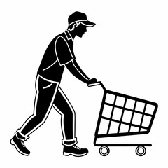 Silhouette Of Man Pushing Shopping Cart Black And White Vector Graphic Style