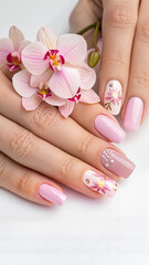 Pink manicured nails with floral design and orchid
