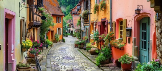 Fototapeta premium Charming cobblestone street in a colorful European village