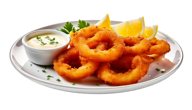 Fried calamari rings on a white plate with tartar sauce and lemon wedges