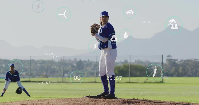 female pitcher winding up on baseball mound, showing sports analytics HUD with turbine plug icons