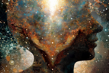 A breathtaking conceptual artwork showing a human head silhouette illuminated with cosmic light, sparkling stars, and nebulae. The mosaic-like composition blends the boundaries between human conscious
