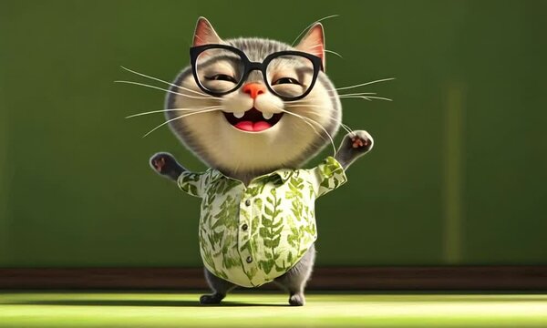 Energetic cat wearing glasses and shirt dancing playfully against a bright green background made with Generative AI technology