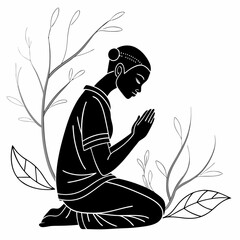 Elegant Black And White Illustration Of A Woman Praying With Botanical Elements