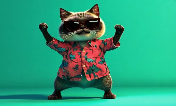 Full-body shot of a cat wearing shirt and glasses dancing energetically in front of green background made with Generative AI technology