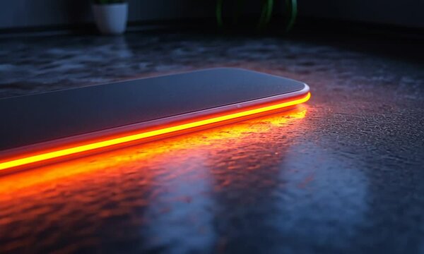 A sleek, illuminated gaming mouse pad glowing orange on a reflective surface in a modern setup