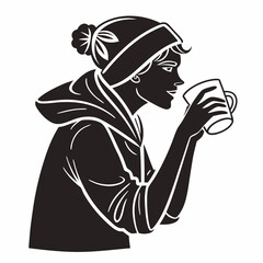 Silhouette Illustration Of A Woman Walking And Drinking Coffee From A Cup