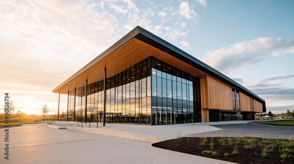 Poster low-angle view of a sleek, glass-facade office building with sharp lines against a serene sky, provi