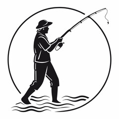 Fisherman With A Fishing Rod Silhouette Vector Illustration In Black And White