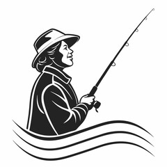Vector Illustration Of Happy Woman Fishing On Water With Rod In Hand
