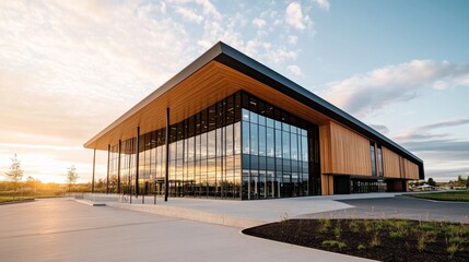 Obraz premium Low-angle view of a sleek, glass-facade office building with sharp lines against a serene sky, providing ample copy space