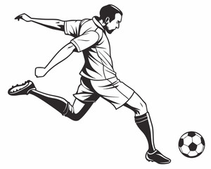 A black vector illustration shows a running soccer player silhouette, a footballer athlete in action during a sport competition with the ball