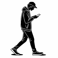 Silhouette Of A Young Man Walking With A Mobile Device Wearing A Hoodie