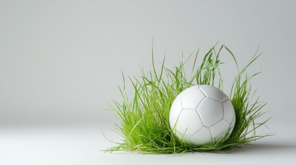 Fototapeta premium Isolated sports setup: clean soccer ball and vivid green grass on white studio background