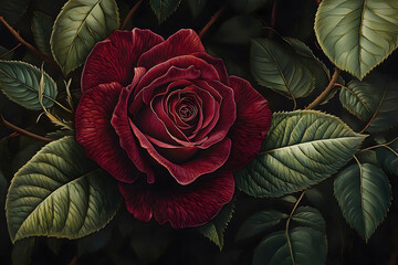 Crimson rose blooms amidst dark foliage.