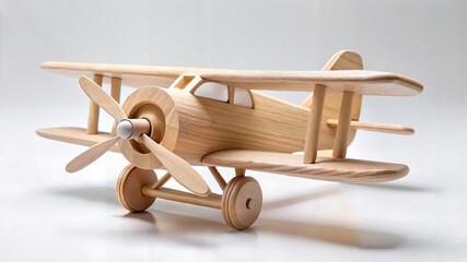Wooden biplane toy on reflective surface