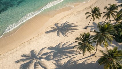 Sunny Beach With Palm Tree Shadows On Sand And Aqua Waves Overhead Coastal View Of Seaside Tropics Perfect For Vacation Nature Or Relaxation Concepts