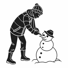 Vector Illustration Of A Child Making A Snowman On A Snowy Day