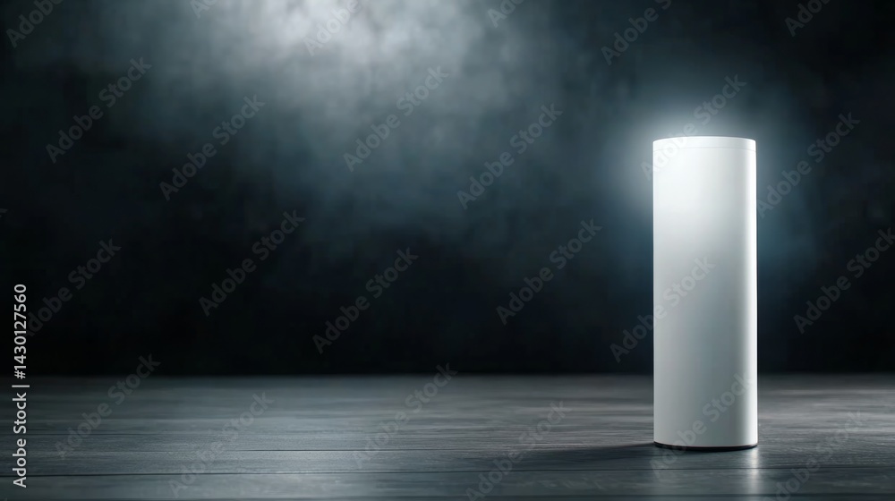 Aufkleber a solitary cylindrical podium stands illuminated by striking directional lighting, set against a dee