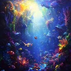 A vibrant painting depicting an underwater kingdom filled with a variety of glowing fish swimming gracefully, A magical underwater kingdom with glowing fish and majestic mermaids, 
