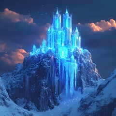 Magical ice castle glowing on a snow covered mountain top -
