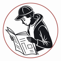 Young Man In Cap Reading Newspaper Round Vector Graphic Illustration