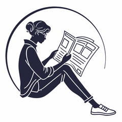 Minimalist Illustration Of Woman Reading Newspaper Sitting In Casual Pose
