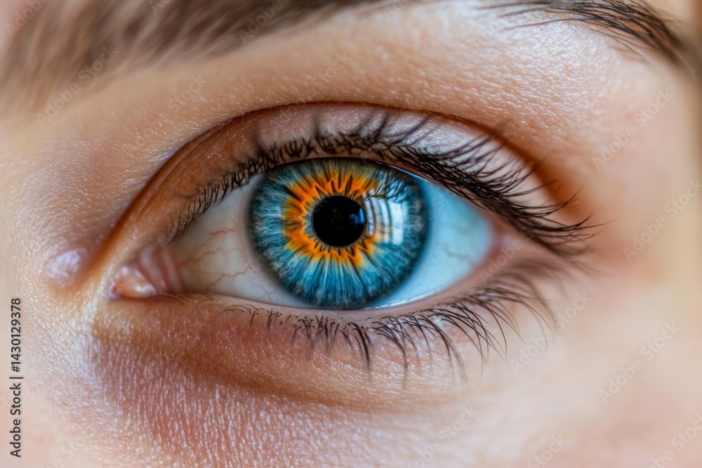 Poster Intricate details of a human eye display stunning blue and orange hues in the iris, showcasing vibrancy and complexity while leaving space for text on the right