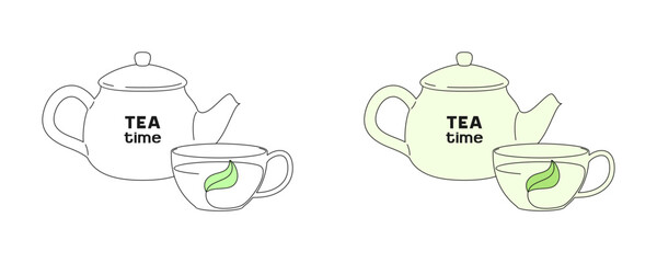 Cute teapot with a place for text and a cup of tea with a green leaf. Linear drawing, isolated on a white background. Concise vector image for signage, tea party, poster, International Tea Day, print