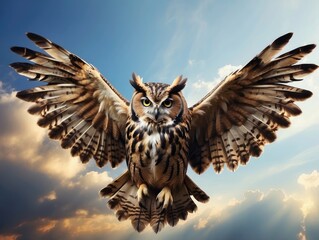 A Regal Owl in Flight, Its Eyes Fixed and Talons Outstretched