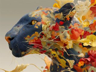 A stunning surreal portrait of a panther seamlessly intertwined with a variety of vivid flowers. The imaginative artwork features detailed line textures and a rich palette, merging wildlife with botan
