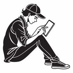 Boy Sitting And Using Tablet Vector Illustration In Minimalist Black And White Style