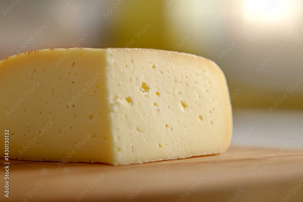 Poster aged cheese with crumbly texture and subtle color variations is displayed on a wooden board, illumin