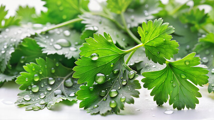 Fototapeta premium Fresh cilantro leaves with water droplets on white background