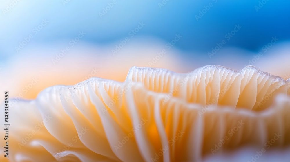 Poster close-up of a single mushroom cap displays intricately layered gills. the vibrant blue background en