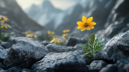 Lone yellow flower grows amid dark rocks, misty mountains in the background. Use to portray resilience, hope, overcoming obstacles, or natural beauty.