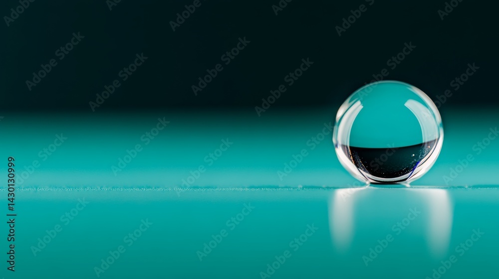 Poster a single water droplet rests on a pastel blue surface, capturing reflections that evoke a sense of p